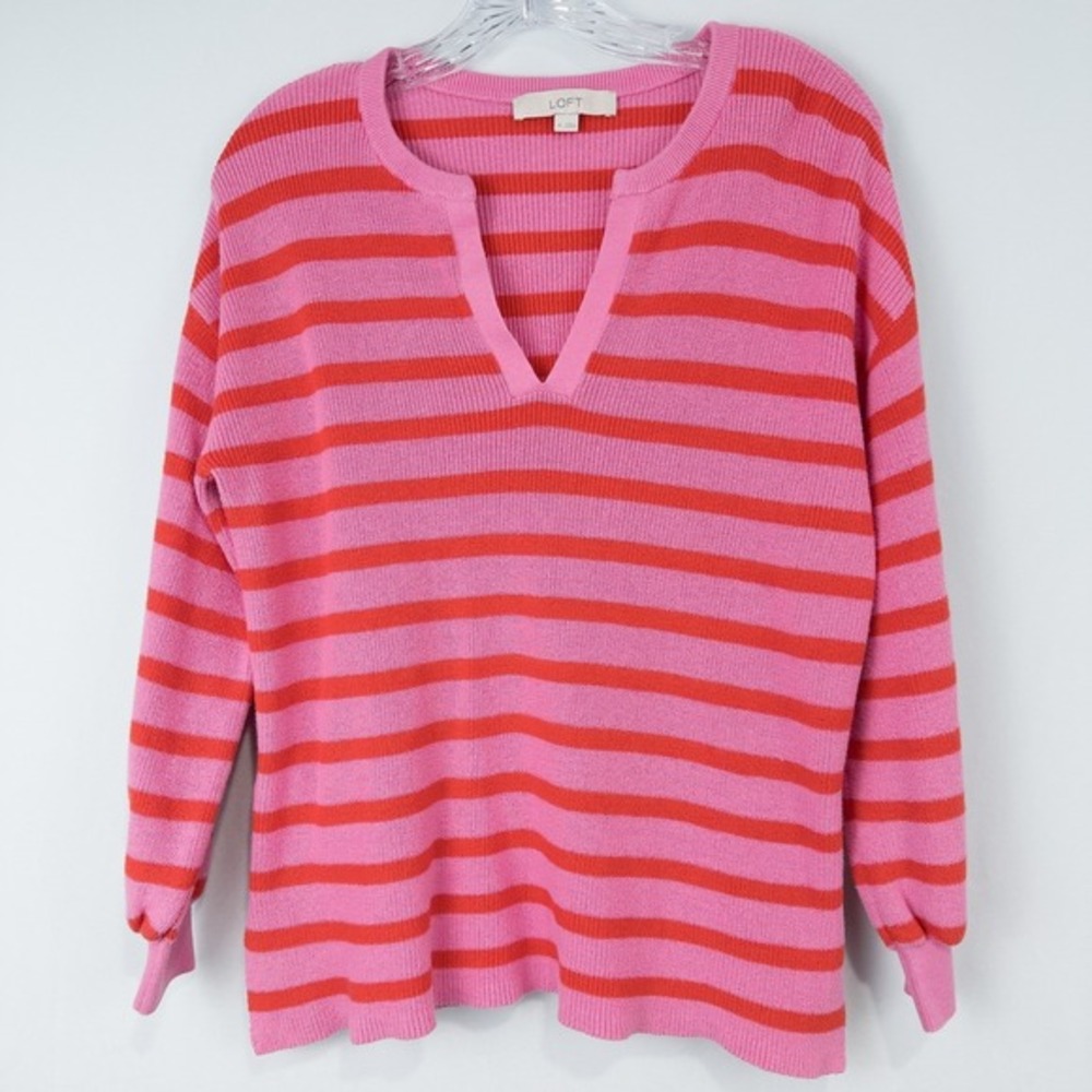 LOFT Striped Textured‎ Split Neck Cotton Sweater Womens M Pink Preppy Dopamine